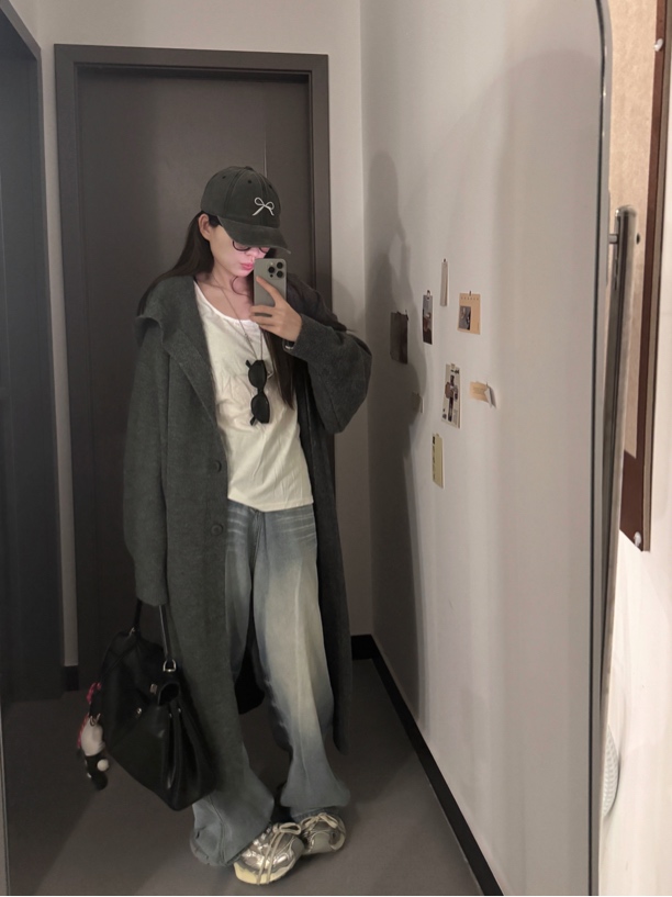 秋冬新款慵懒风毛衣外套韩系宽松版二粒扣连帽针织开衫中长款显瘦