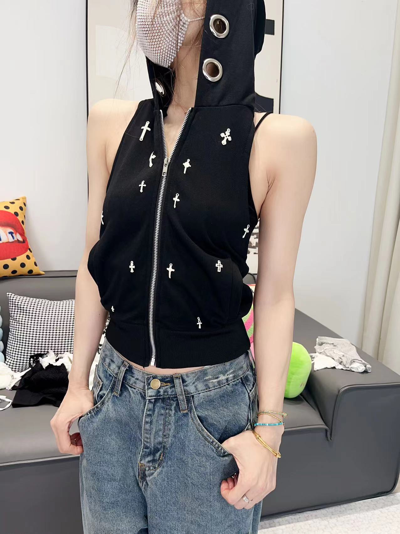 发泡印花带帽露背金属拉链背心上衣JEC3120