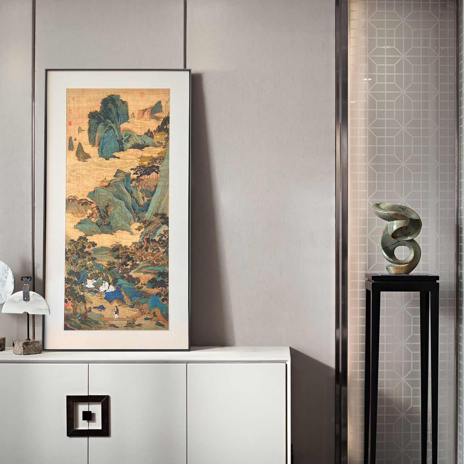 《桃园仙境图》工笔青绿山水人物桃源仙境图玄关客厅装饰画