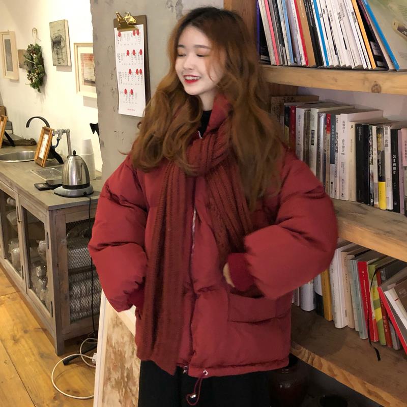 超好看新年酒红色棉服女2023年新款冬季棉衣加厚小个子短款面包服