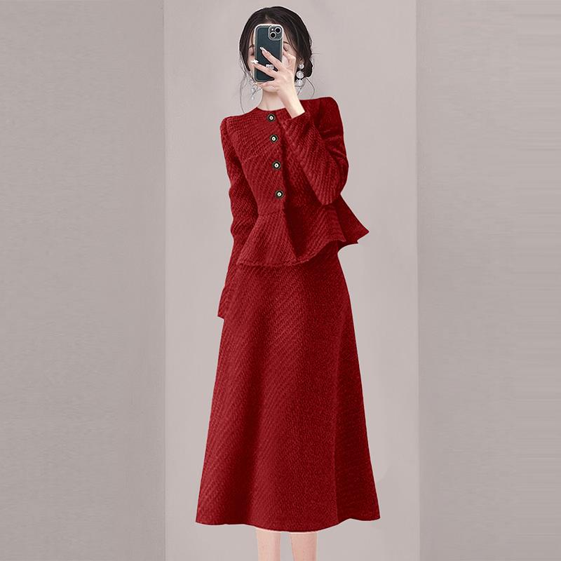高级感宴会红色套装裙秋冬小香风复古气质新娘回门女装毛呢两件套