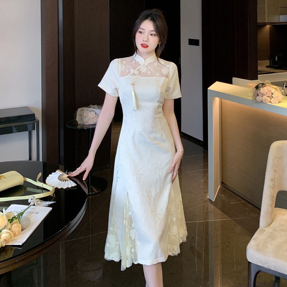 ml7095时尚复古提花改良旗袍名媛气质蕾丝拼接鱼尾摆长款连衣裙