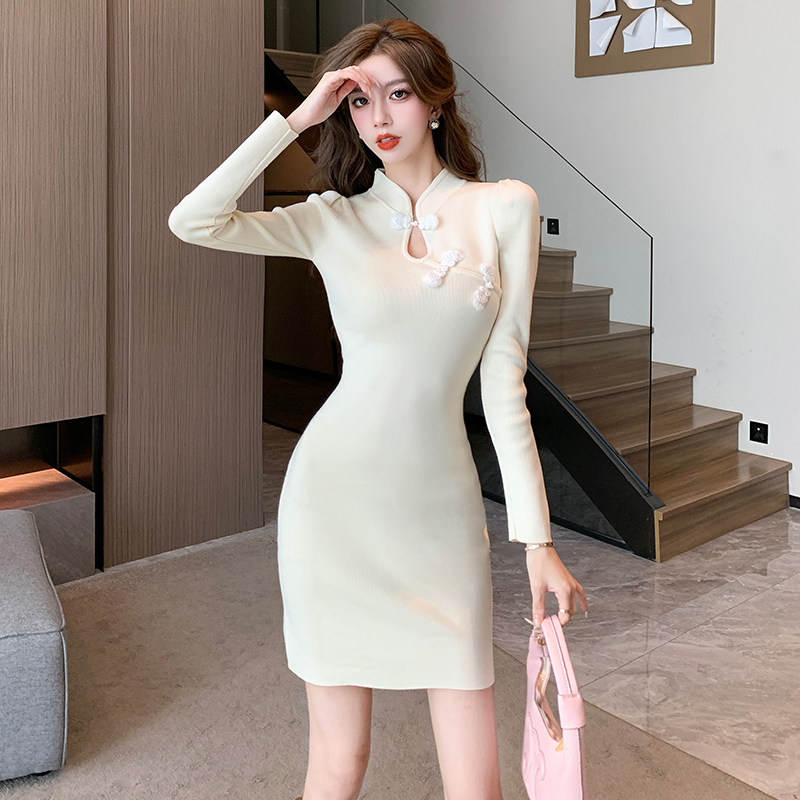秋冬新款新中式盘扣旗袍长袖针织连衣裙复古修身显瘦内搭短裙女潮