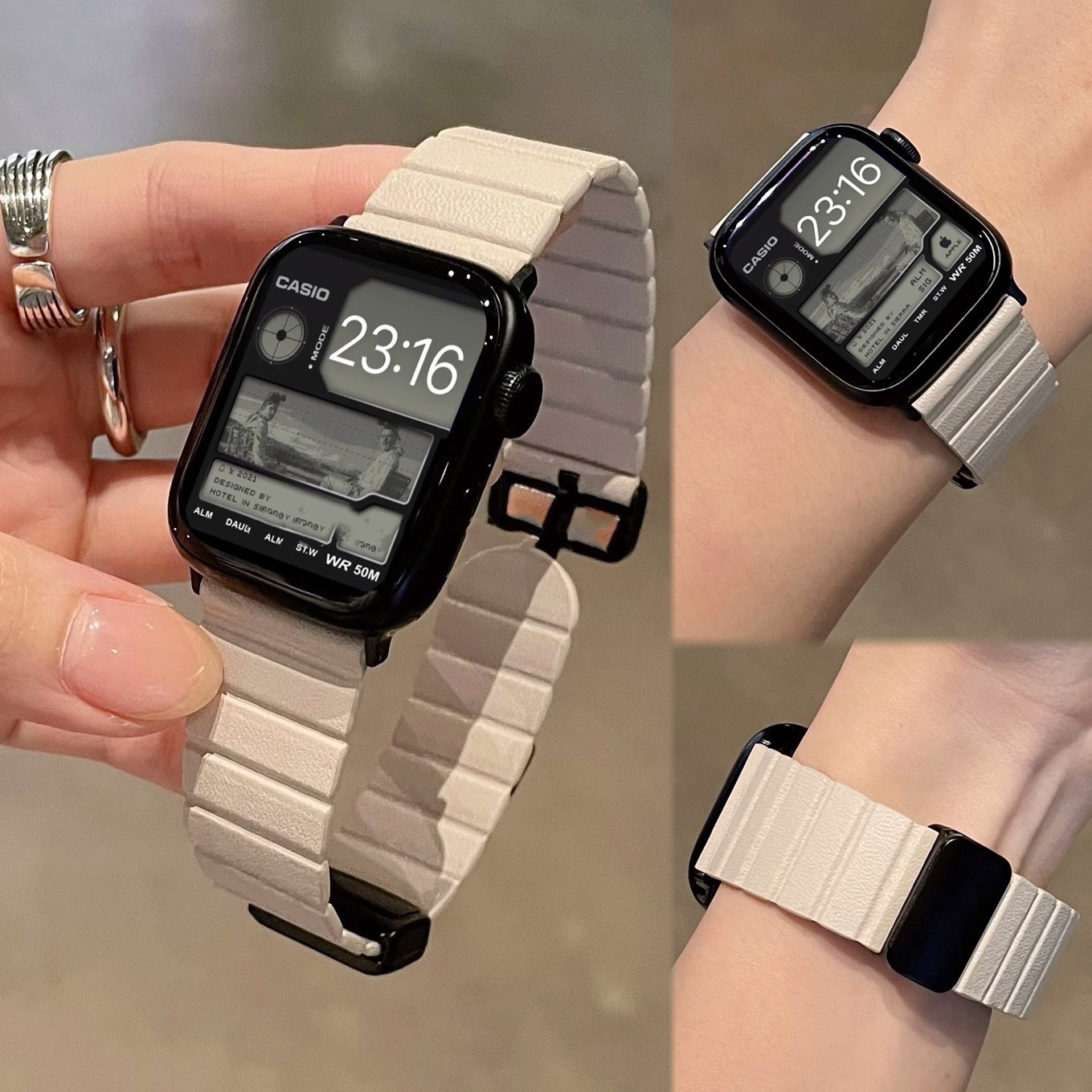 新款轻薄真皮磁吸iwatch表带适用applewatchs87苹果超细s9se男女