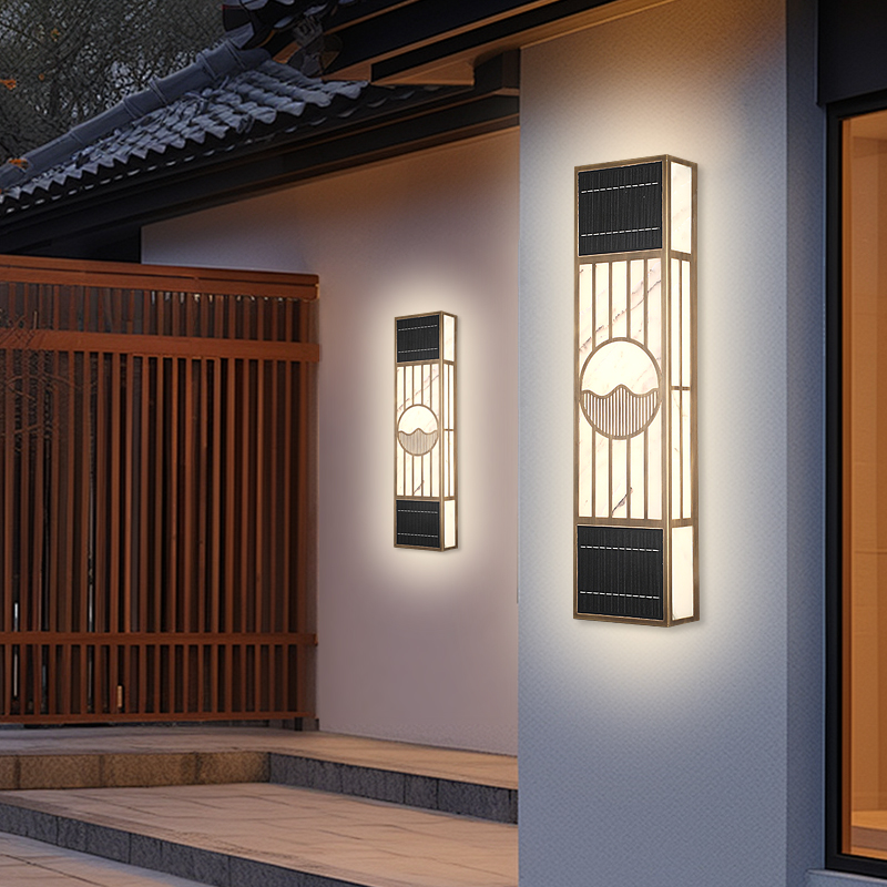 新中式室外云石壁灯客厅背景墙全铜长条简约太阳能别墅防水外墙灯