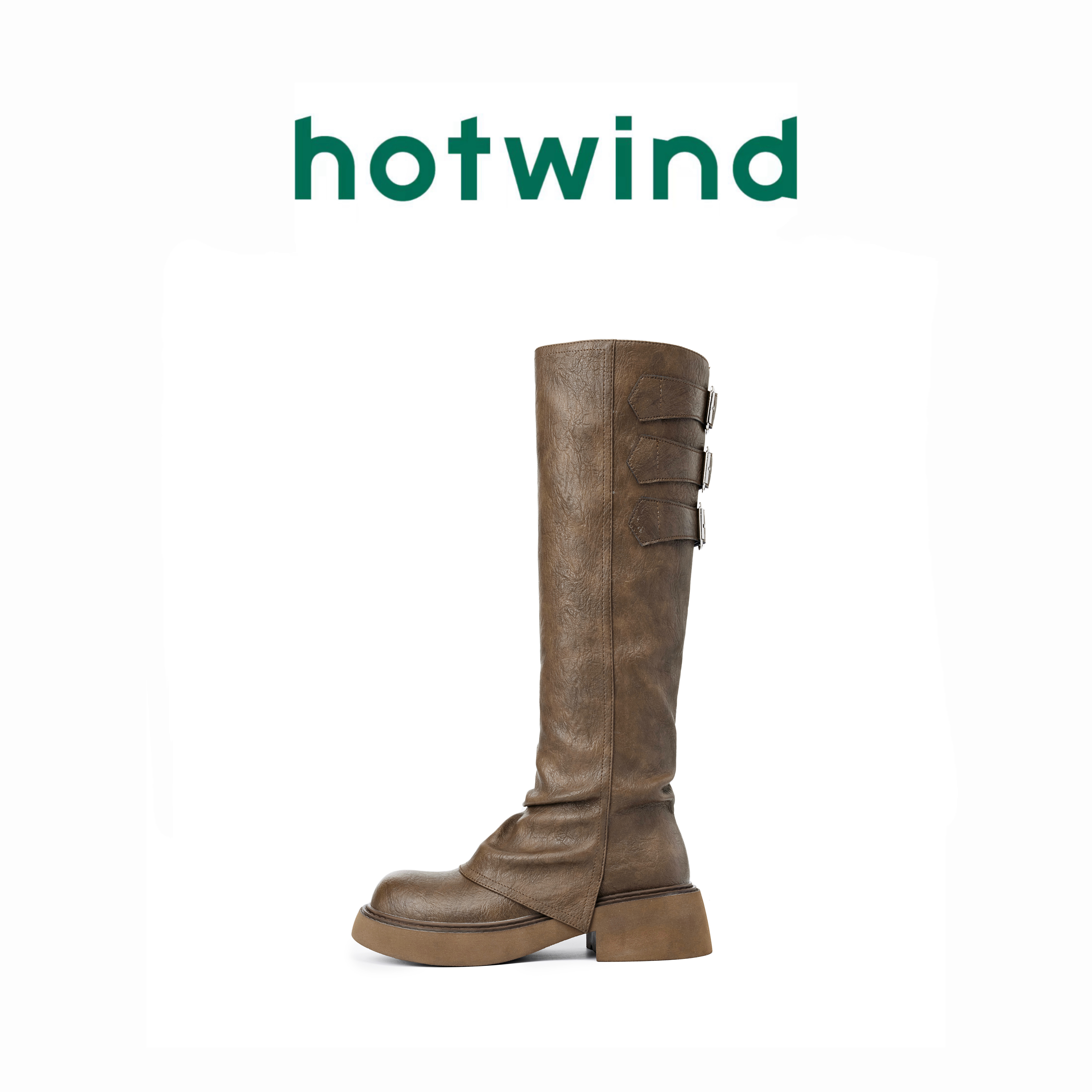 Hotwind/热风秋季时尚不过膝厚底百搭五金塔扣做旧雅丹风粗跟堆靴