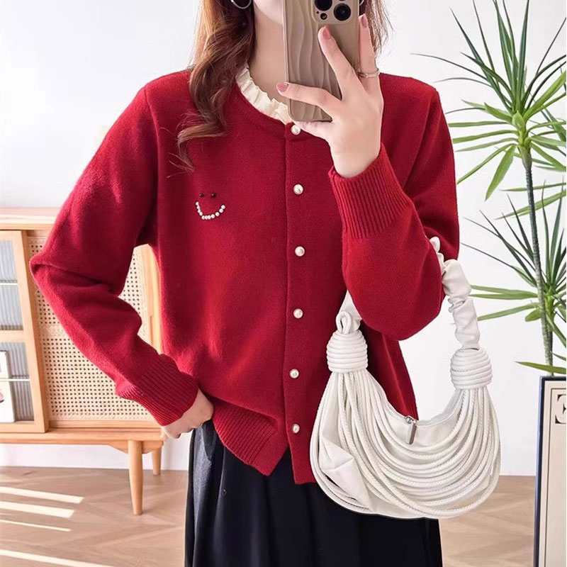 女款气质钉珠木耳边圆领开衫女春季设计感长袖拼接毛衣时尚外套女