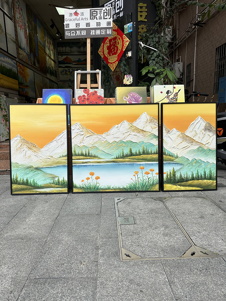 原创手绘高端挂画办公室山水风景三联聚宝盆背靠金山沙发背景墙画