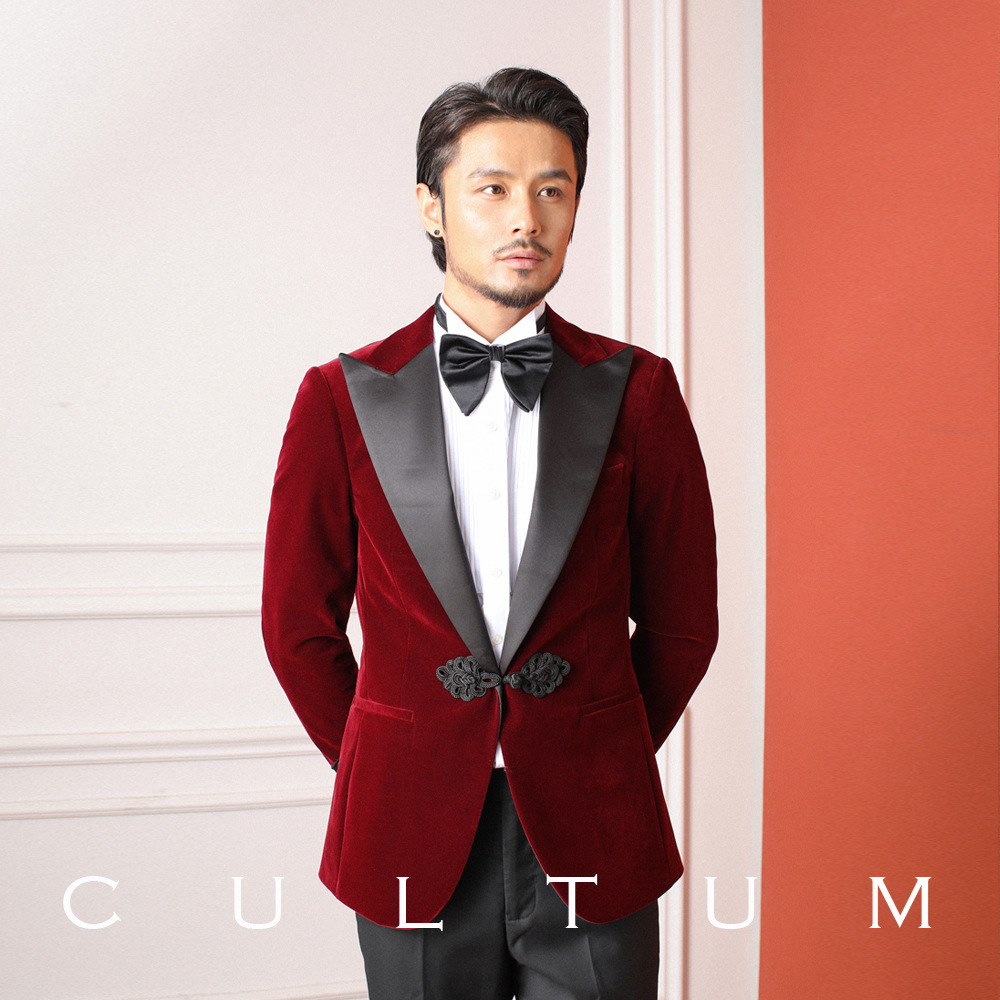 时尚西装结婚酒红色气质修身戗驳领礼服男士宴会西服套装新郎伴郎