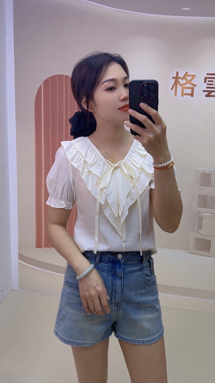803-B新款夏季时尚甜美V领荷叶边泡泡袖套头显瘦百搭衬衫短袖上衣
