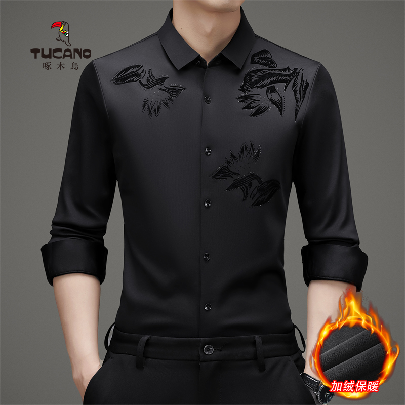 TUCANO/啄木鳥加绒加厚长袖衬衫保暖压花四面高弹