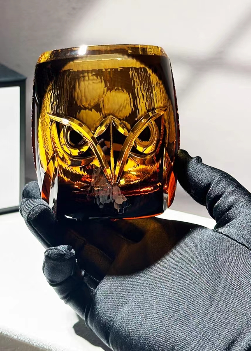 江户切子琥珀猫头鹰纯手工雕刻收藏限量洋酒杯创意轻奢高档时尚