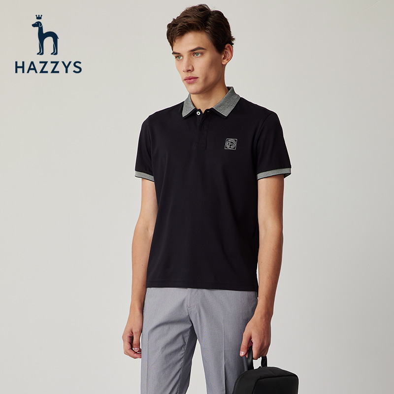 Hazzys哈吉斯夏季男士翻领商务短袖撞色polo衫休闲纯色简约T恤