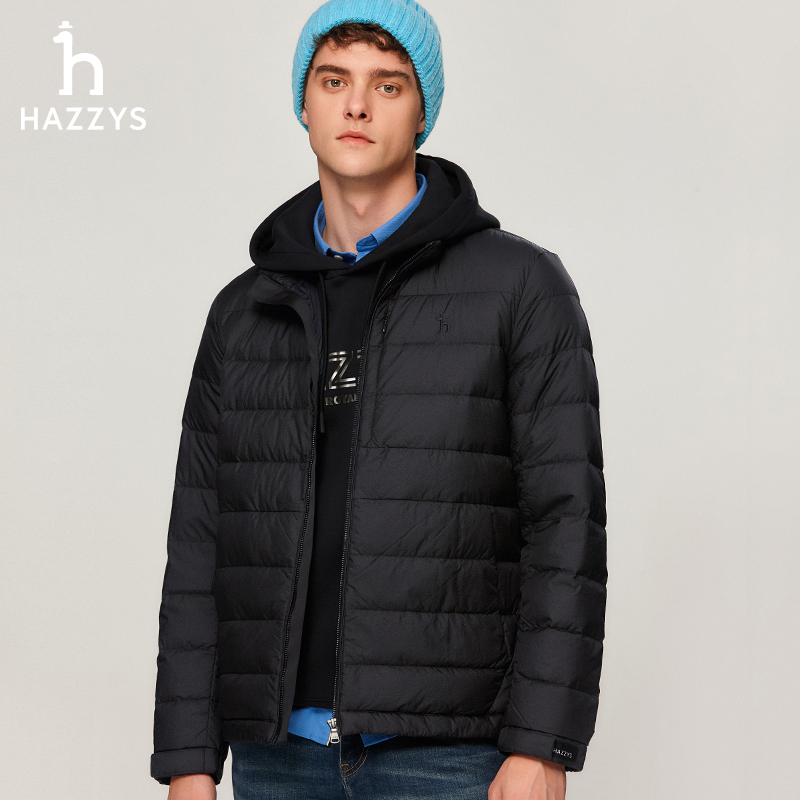 Hazzys哈吉斯秋冬季男士运动舒适休闲隐藏帽立领羽绒服轻薄款外套