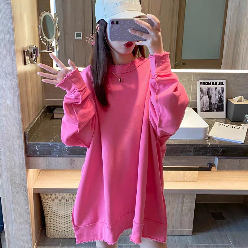 纯棉加厚2025春秋新款爆款玫红色卫衣女长款宽松大码胖mm大版上衣
