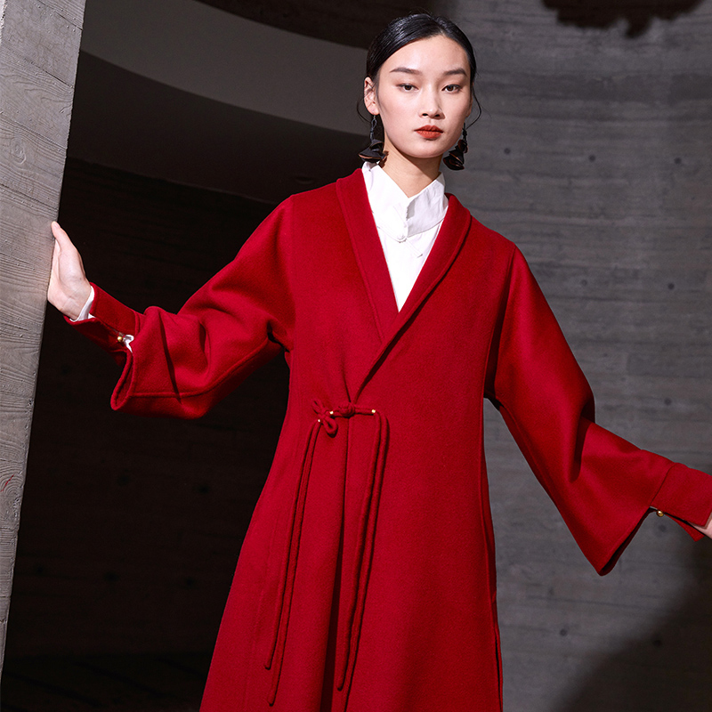 界内界外原创新中式国风手工双面呢收腰长款大衣外套J23D704