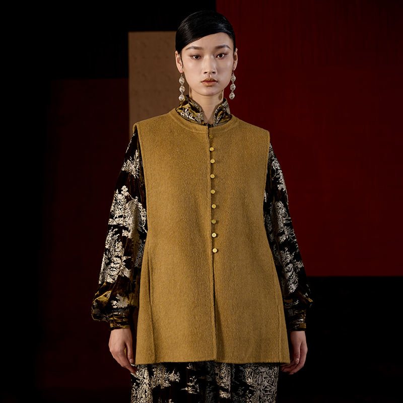 界内界外新中式文艺复古双面羊毛呢宽松百搭加厚马夹外套J43D7090