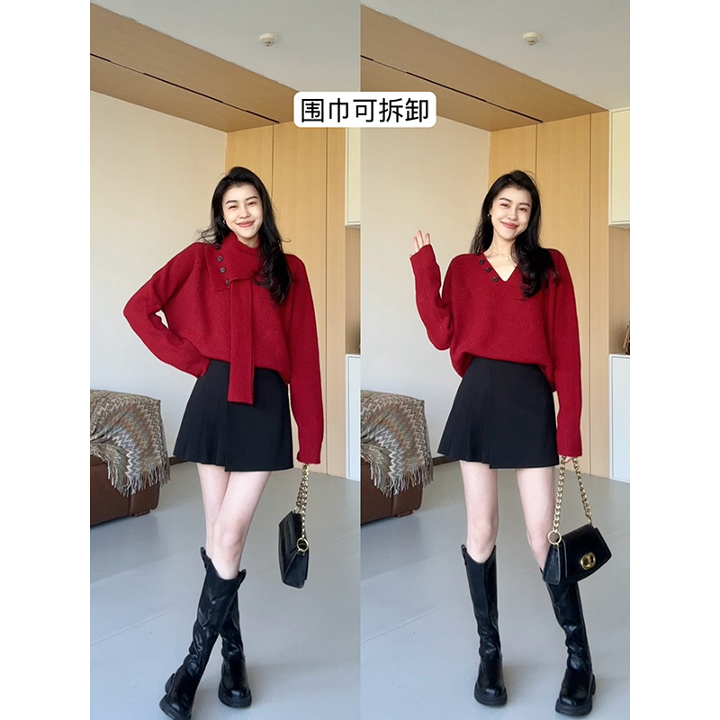 张阿星【新年氛围】新年节日穿搭韩版气质时尚宽松可拆卸围巾红毛衣