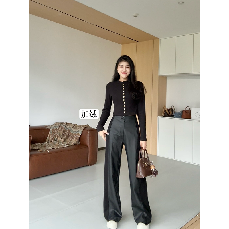 张阿星修容皮裤加绒百搭修身外套+弹力高腰直筒皮裤 W424D17763