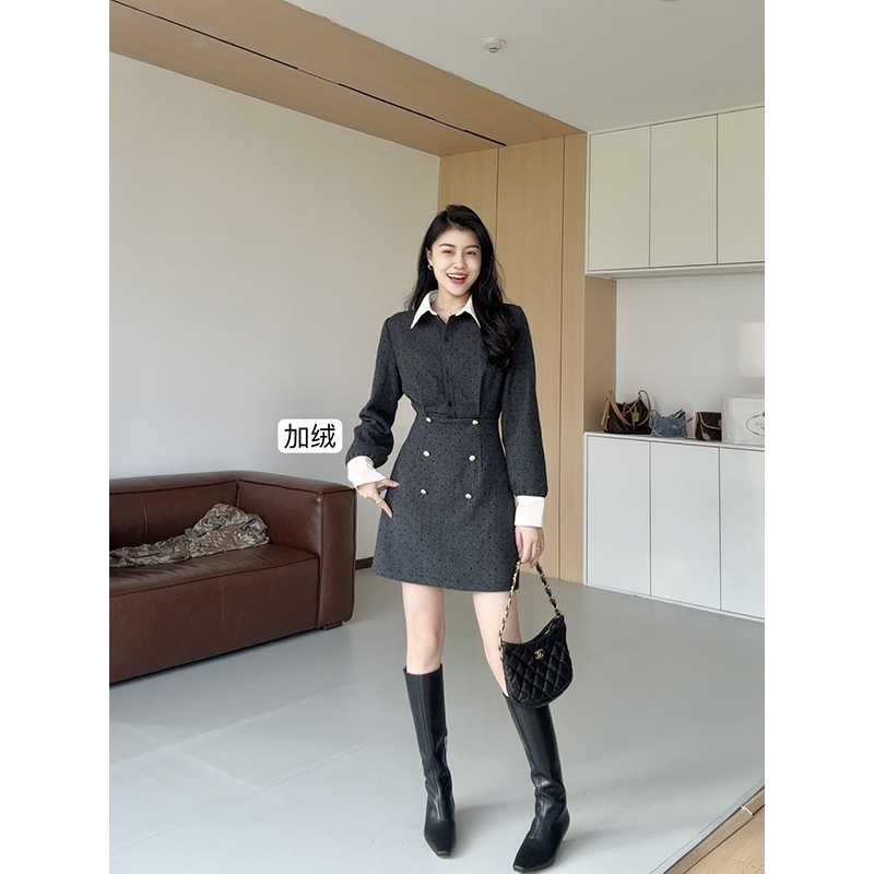 【现货48小时发】张阿星通勤叠穿拼接款收腰修身翻领加绒连衣裙 