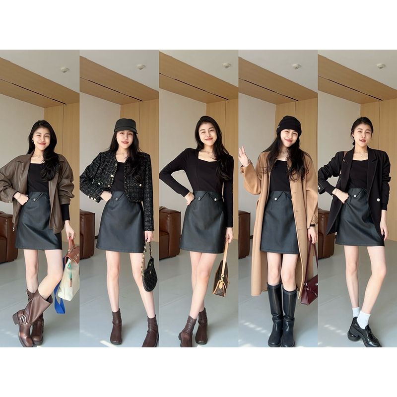 【少量现货】张阿星 假两件拼接气质皮裙设计感时尚休闲高腰连衣裙 