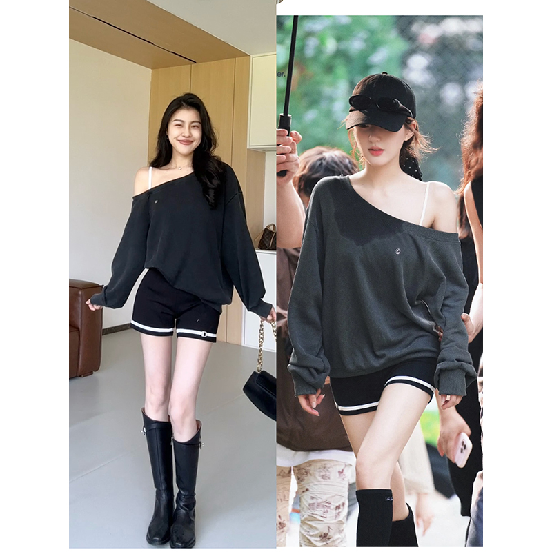 张阿星【美高少女】美式复古百搭斜肩慵懒风宽松卫衣+紧身高腰短裤