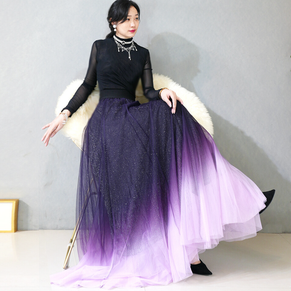紫色渐变色网纱裙亮丝a字大摆半身裙女仙女风高腰显瘦大码中长裙 