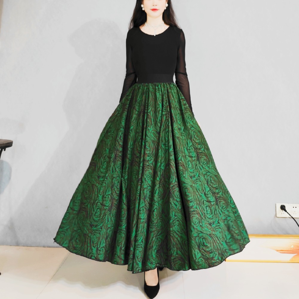 焕小沫720度大摆裙子显瘦半身裙 气质绿色大裙摆舞蹈民族风长款裙