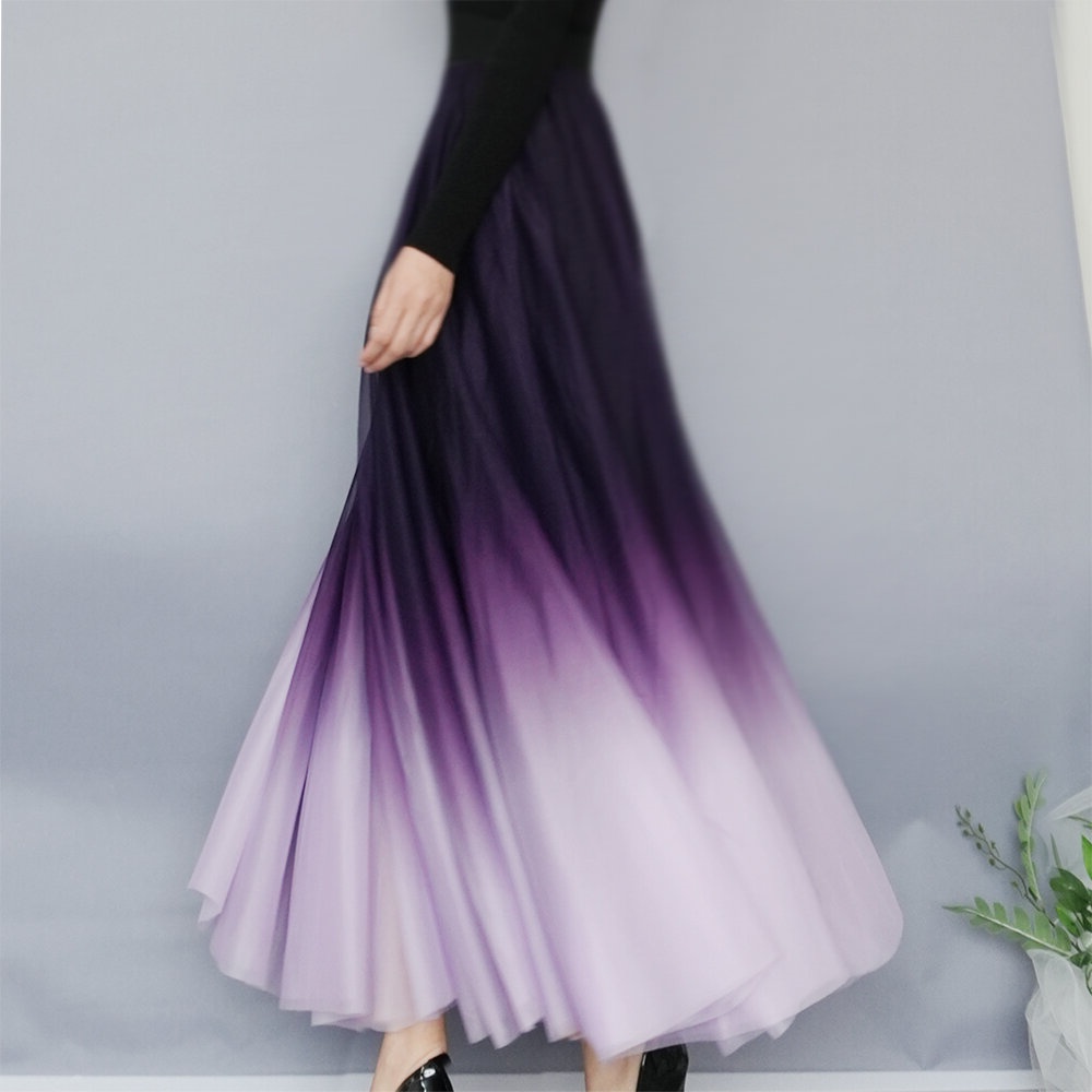 焕小沫720度大摆网纱裙浪漫紫色渐变色长款显瘦休闲新疆舞半身裙 