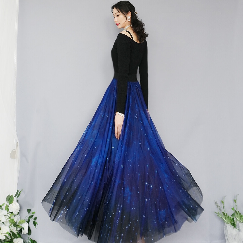 焕小沫720度大摆裙网纱蓝色星印花长款显瘦大码休闲通勤新疆舞裙 