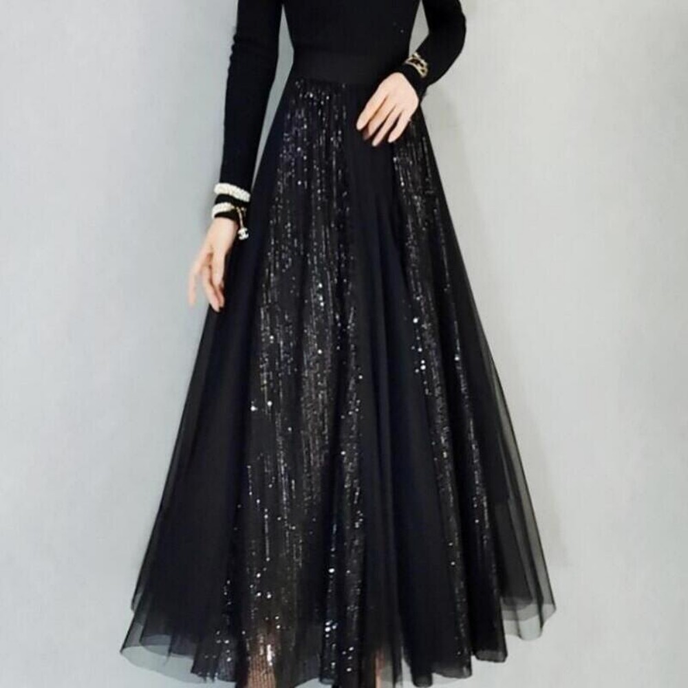 焕小沫轻奢高端重工黑色网纱亮片闪闪显瘦半身裙气质半身裙网纱裙
