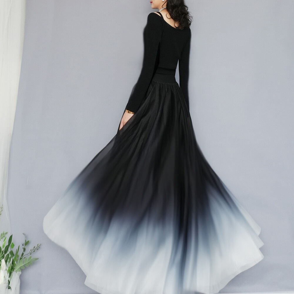 焕小沫时尚跳舞720度大摆裙子黑白渐变色显瘦大码长款网纱半身裙