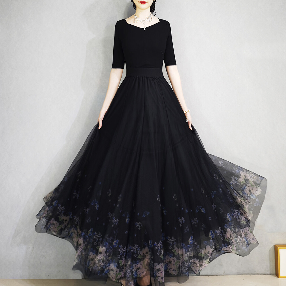 焕小沫百搭高腰显瘦大码网纱半身裙 黑色渐变色花色a字中长大摆裙