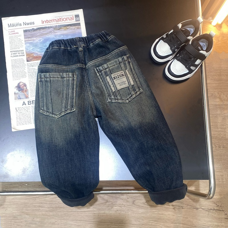 男童加绒牛仔裤儿童柔软一体绒裤子2023秋冬季中小童韩版休闲长裤