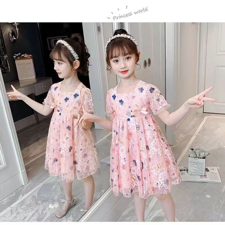 女童蝴蝶结连衣裙2024新款夏季儿童洋气纱裙公主裙女孩中大童裙子