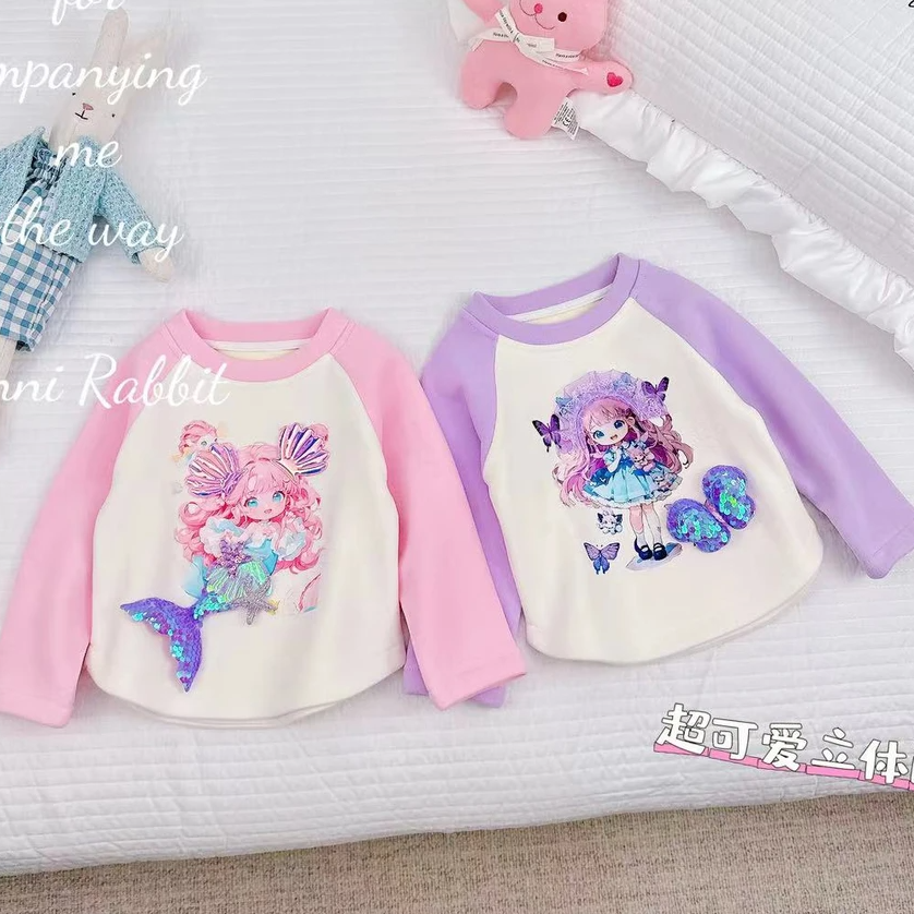 MN女童立体亮片美人鱼T恤2025春秋季新款可爱女孩超软上衣卡通款~