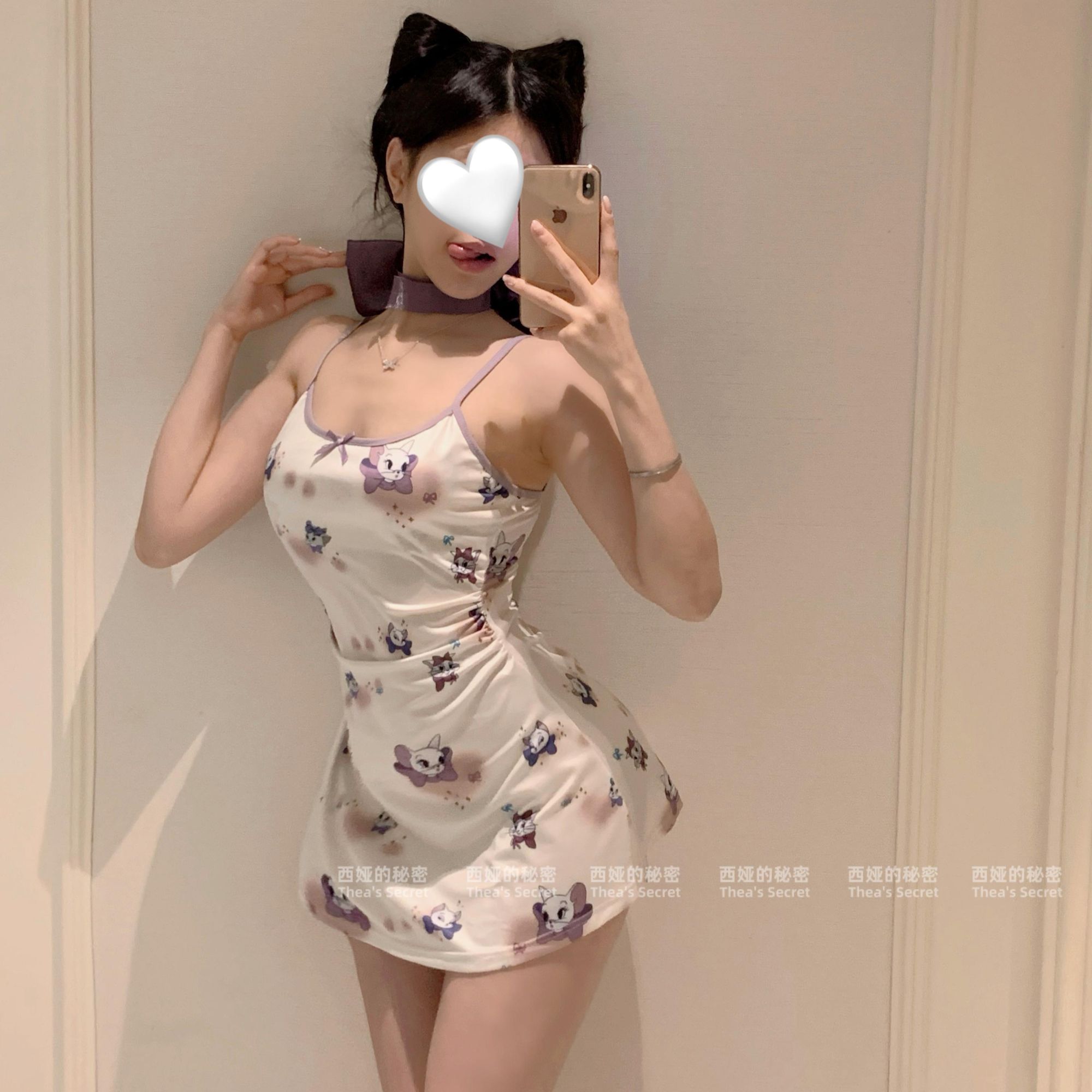 【梦中情猫】猫咪印花吊带睡裙收腰修身纯欲风性感睡裙带胸垫居家服