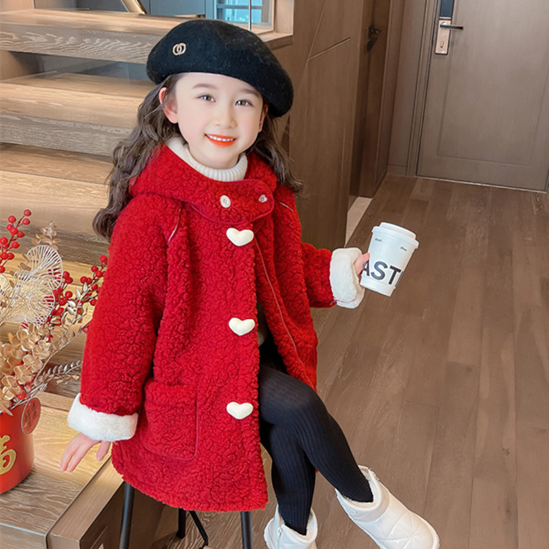 女童加厚外套冬装2023新款儿童红色新年装女宝宝中长款加绒拜年服