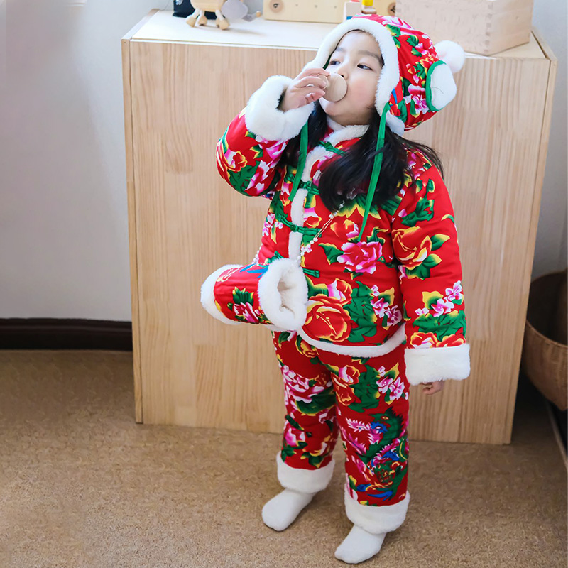 冬季儿童东北大花布套装宝宝棉袄女童拜年衣服加厚小童过年新年装