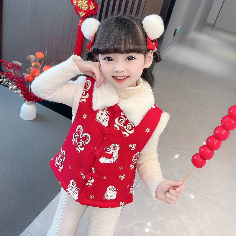 宝宝拜年服马甲女童背心中国风马夹加绒坎肩新年过年衣服儿童唐装