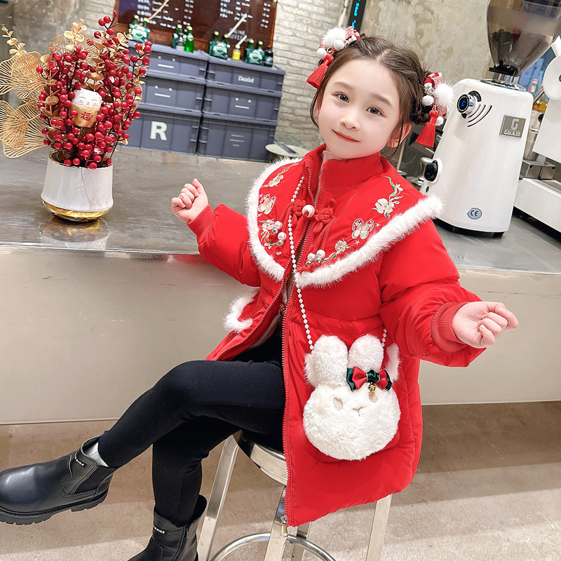 女童唐装棉衣秋冬装儿童洋气红色加厚中国风外套女宝宝冬季拜年服