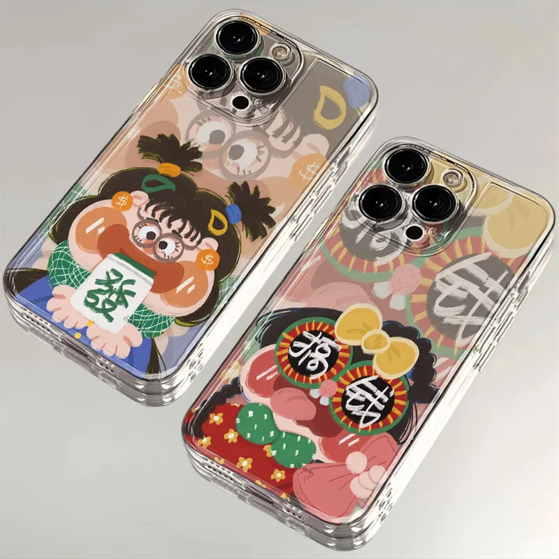 发财涂鸦女孩苹果14手机壳iPhone15promax12/8SE新款7plus硅胶xs