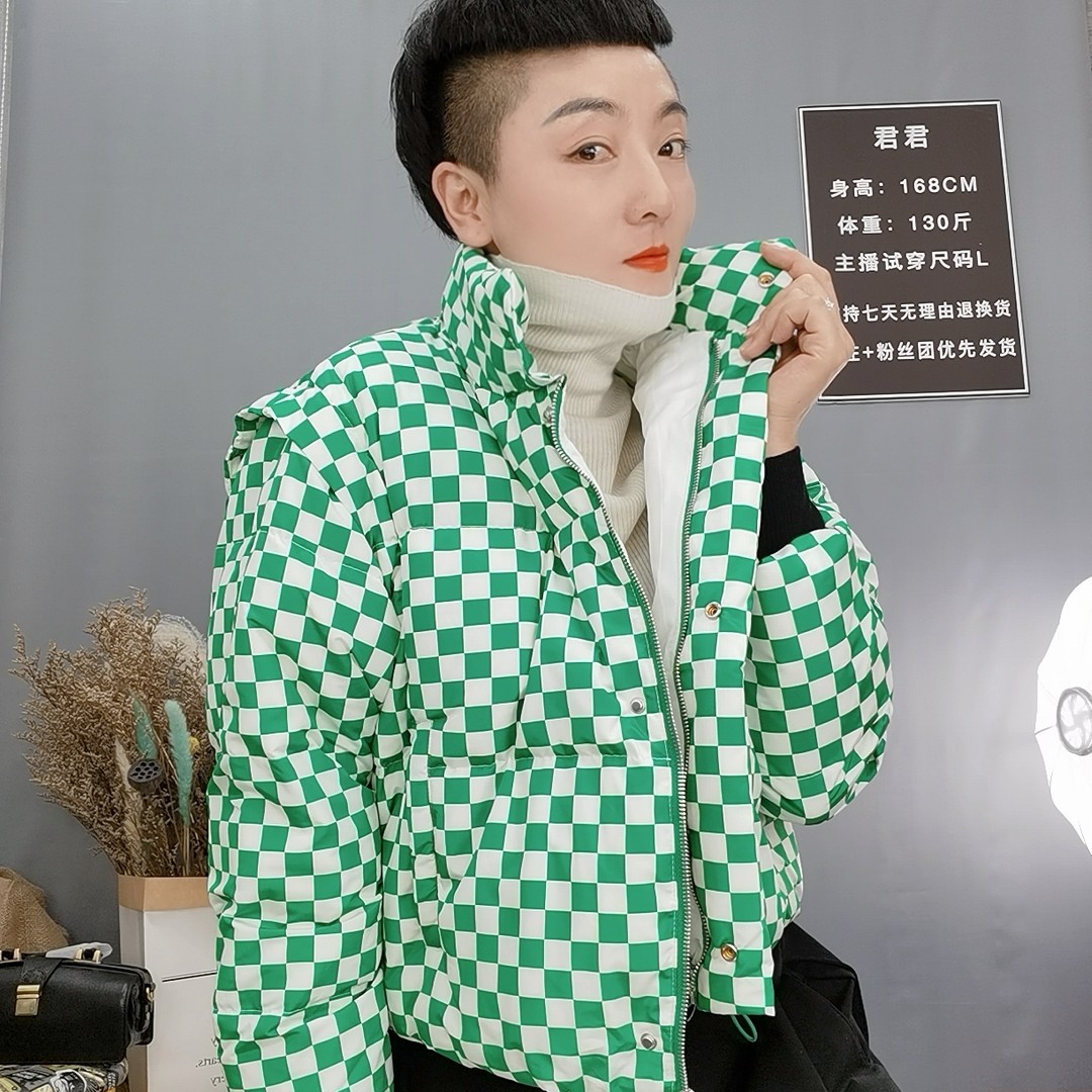 棋盘格袖子可拆卸羽绒服7613