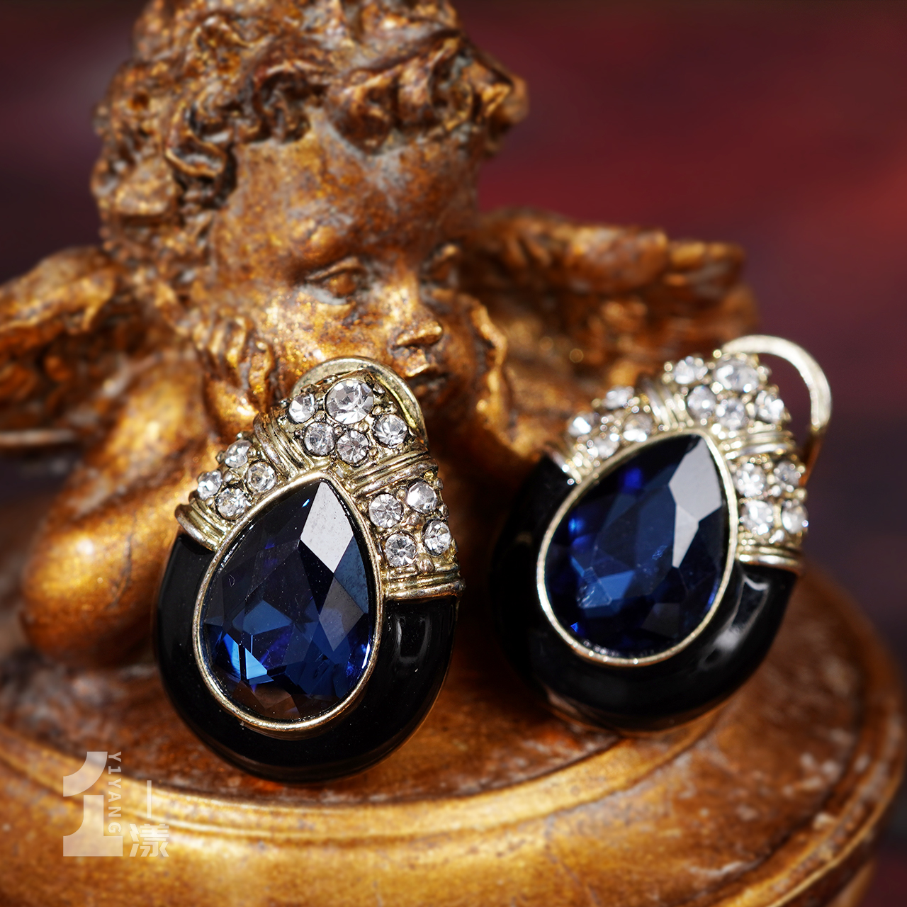 一漾 合金玻璃耳饰 蓝色水滴状耳环中古轻奢时尚复古镶嵌镀层简约