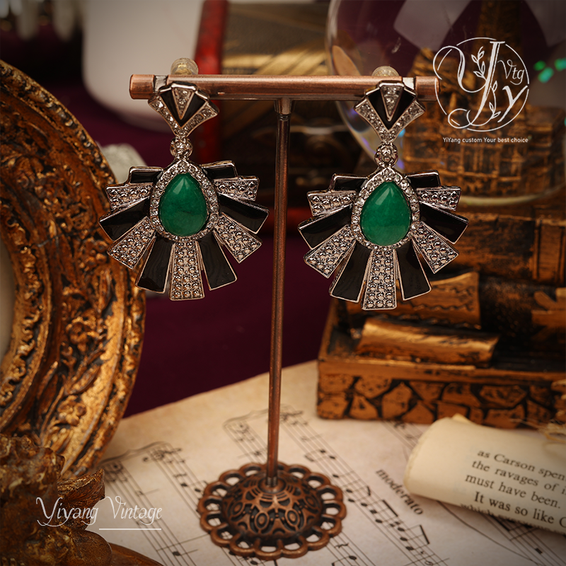 一漾 铜合金合成锆石耳饰 设计师款黑白斑马绿心耳环