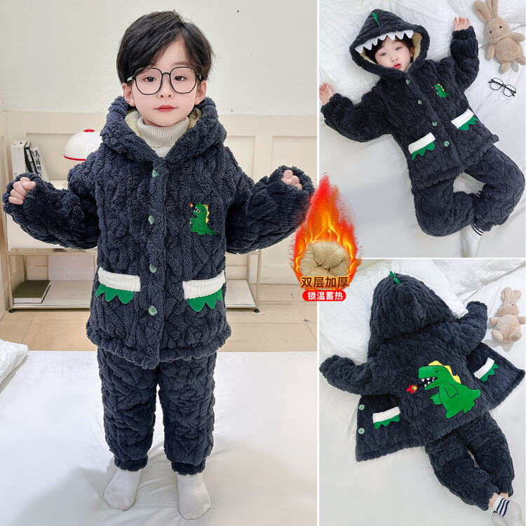 儿童睡衣男童冬季加厚款男孩加绒三层夹棉冬款恐龙家居服保暖连体