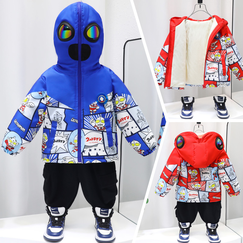奥特曼冬款加绒加厚外套儿童冬季洋气风衣男孩帅气连帽眼镜夹克潮
