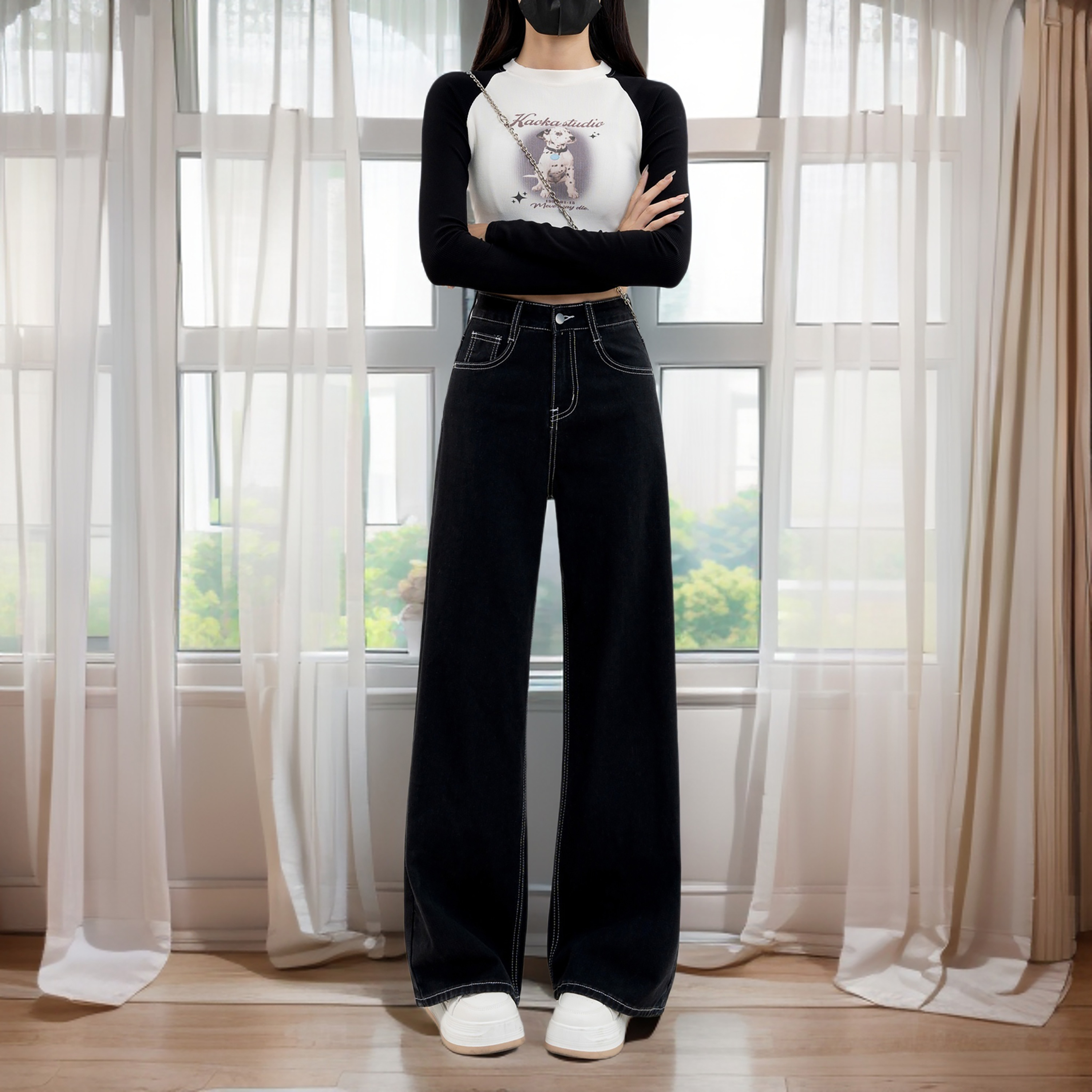 美式高街黑色直筒牛仔裤女2025新款夏季薄款高腰显瘦宽松阔腿裤子