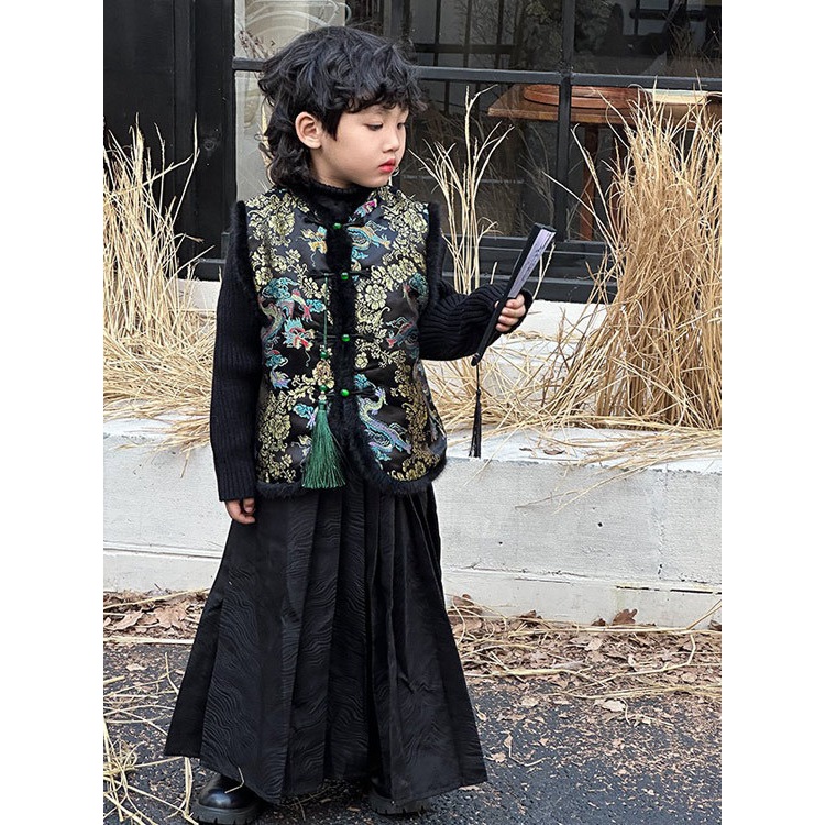 儿童中式马甲2023冬季新款国风加绒马甲龙纹少拜年服年服