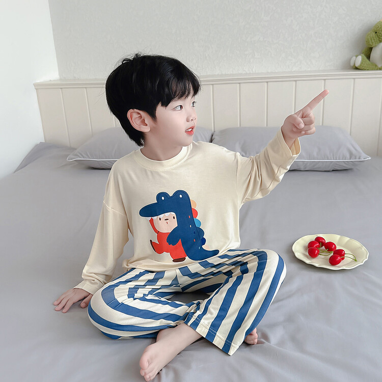 男童早秋超薄莫代尔分体卡通睡衣3儿童家居服1-6岁春秋恐龙空调服